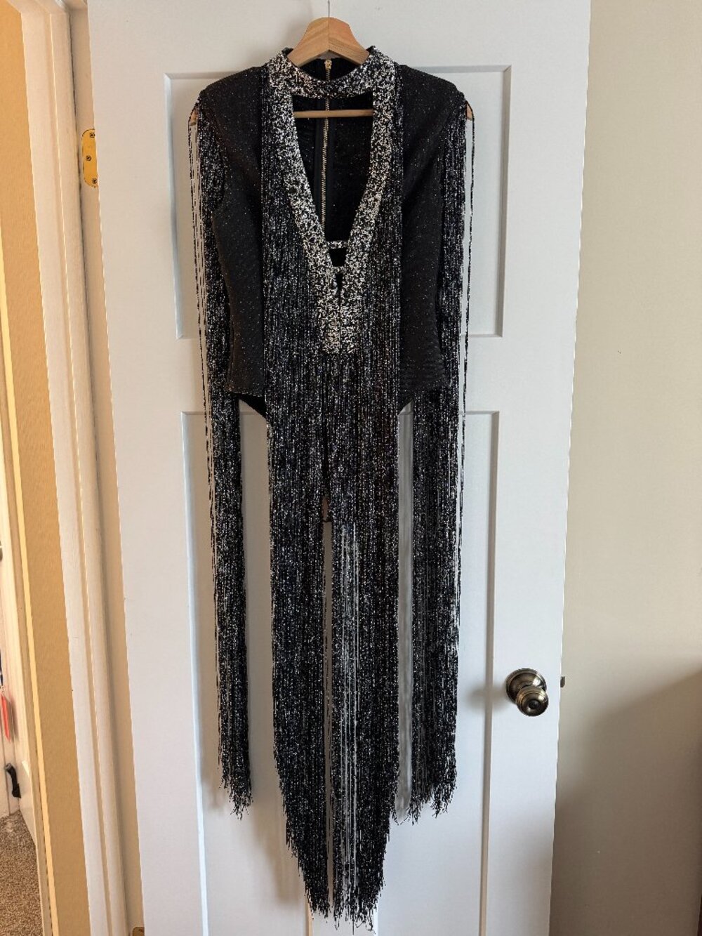 Sesidy Crystal Fringe Stage Bodysuit Black Performance Costume